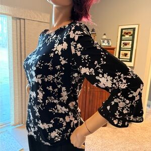Karl Lagerfeld Chic Black Blouse with White and pale pink Floral Design size M